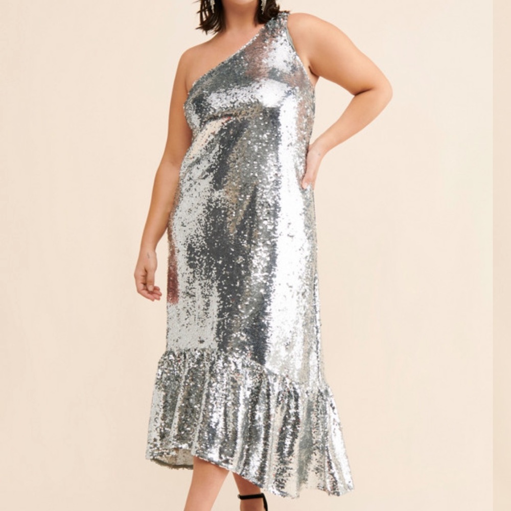 NWT Anthropologie Maeve One-Shoulder Sequin Maxi Dress